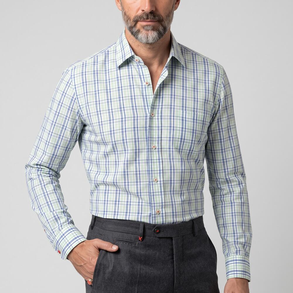 ISAIA Napoli Men's Green blue Plaid Dress Shirt size 16 41cm made in Italy